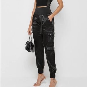 High Waisted Satin Cargo Trousers
